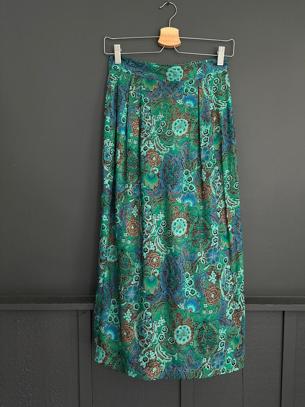 Vintage Kathryn Conover Union Made Green Paisley Straight Midi Skirt Size XXS